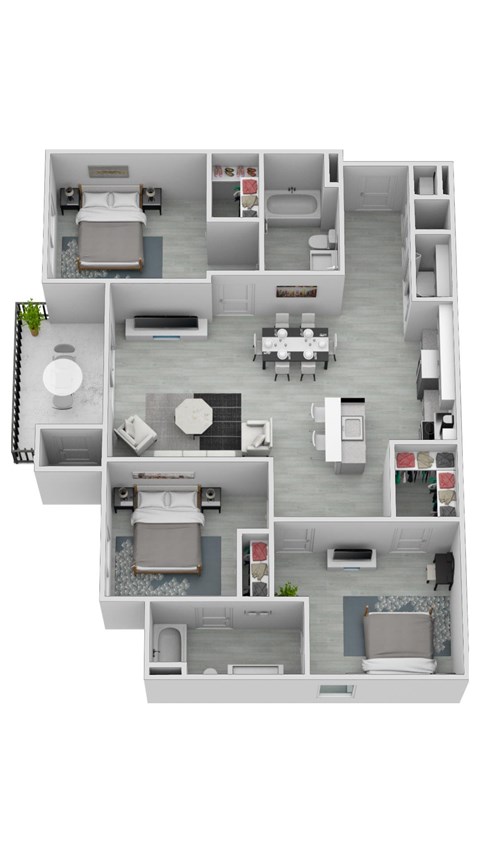 A 3D floor plan of a small apartment with a kitchen, three bedrooms, living room, and bathroom at The Austin in Opelika, AL.